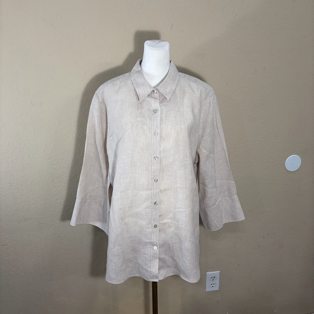Chico’s 100% Linen No Iron Button Up 3/4 Sleeve Top Beige Sz 3 US 16 Coastal EUC